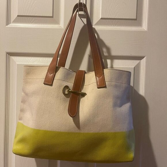 Fossil Beige canvas & neon green coated Tote  leather tan straps & brass key - Picture 3 of 16